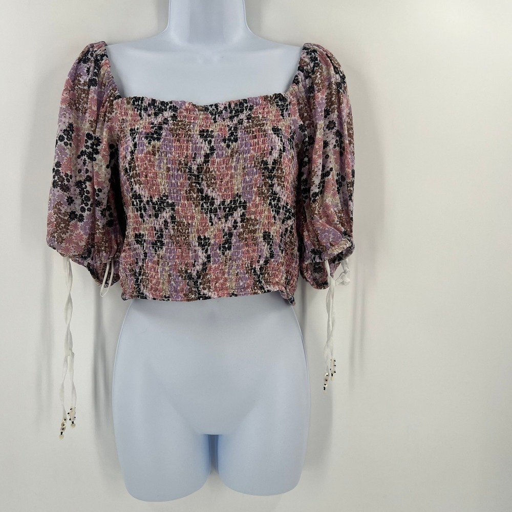 Free People Boho Floral Crop Top Size‎ S Smocked Square Neck Peasant Blouse